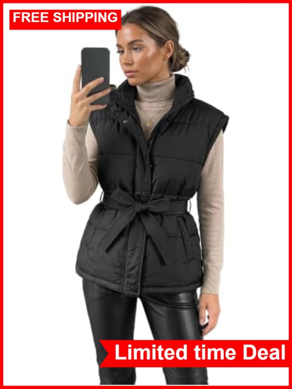 Women's Belted Puffer Vest Lightweight Quilted Zip Up Sleeveless Winter Coat